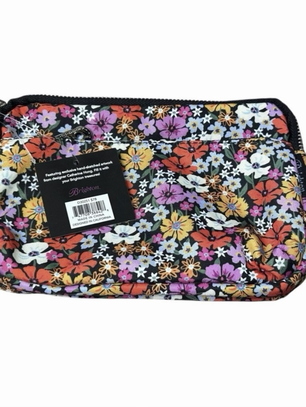 Brighton Floral Zip Cosmetic Pouch - Black with Purple, Orange & Yellow Flowers